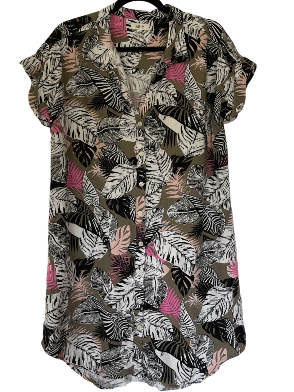 Per Se Linen Viscose Foliage Print Button Front Short Sleeve Shirt Dress Size M